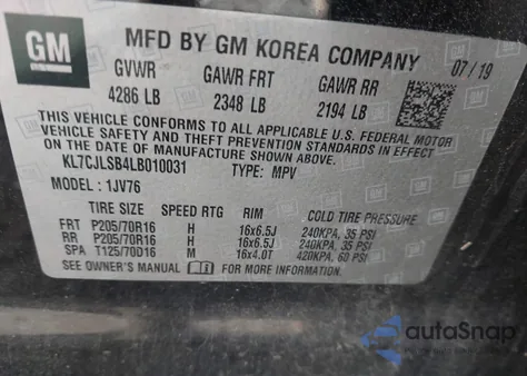 2020 Chevrolet Trax Fwd Lt из США, поврежденный, VIN KL7CJLSB4LB010031